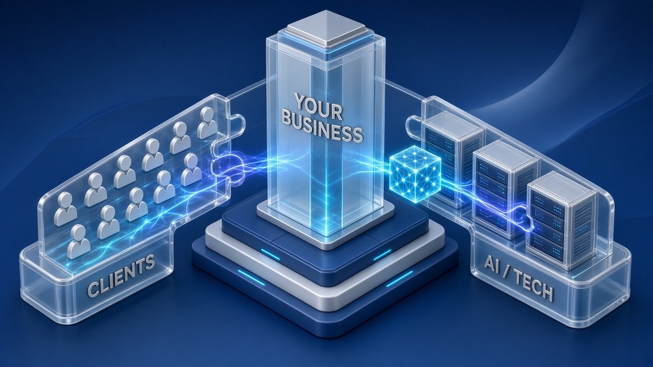 Clients and AI/Tech interlocking with the business at the center — a solid, lasting structure